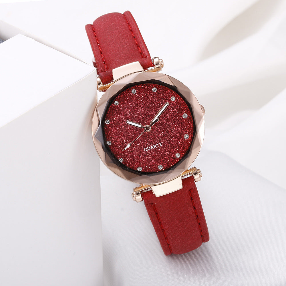 Women's Starry Sky Rhinestone Watch – Large Dial, Leather Strap, Quartz