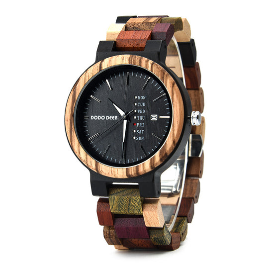Wood Couple's Calendar Quartz Watch – Korean Style, Wooden Strap, Stainless Steel Back