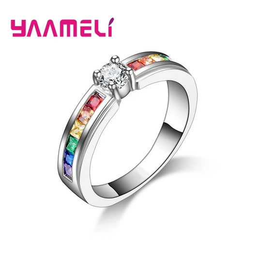 YAAMELI 925 Sterling Silver Rainbow Cubic Zircon Ring for Women | Trendy Wedding, Engagement & Proposal Ring