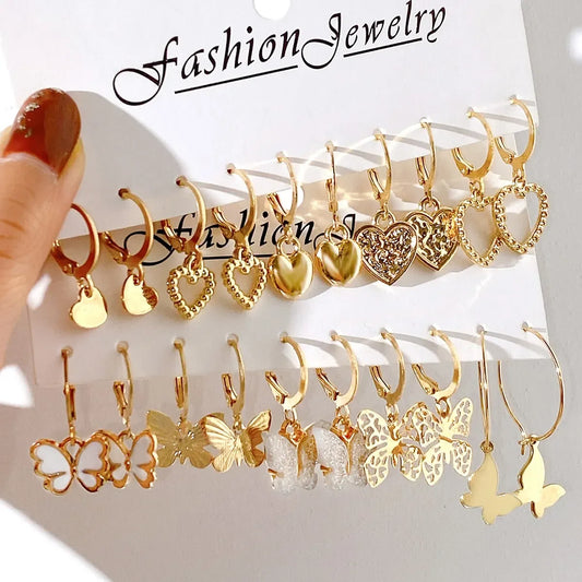 Set of 10 gold-colored creative earrings for women, featuring butterfly and hollowed-out love designs, Prime Deal Zone jewelry