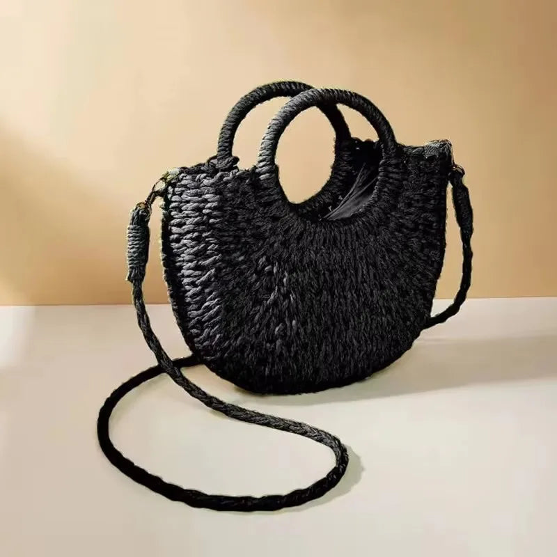 Handmade Yogodlns half-round rattan straw bag with woven details, ideal as a summer women’s messenger or beach crossbody bag.