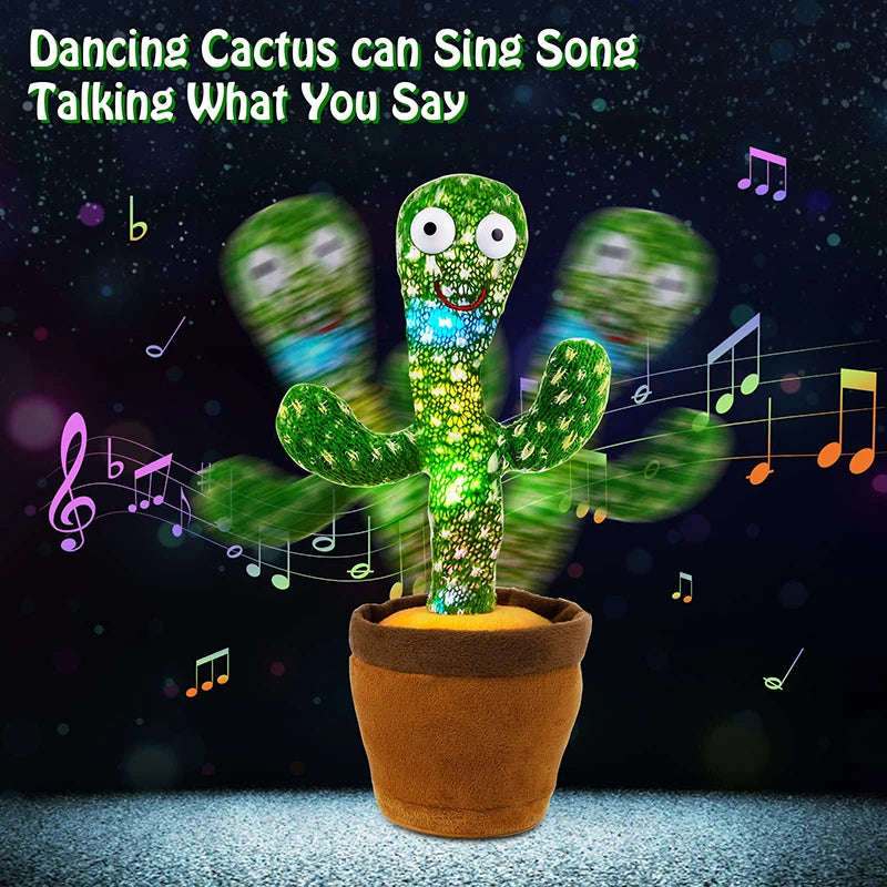 Dancing cactus plush toy with talking speaker, 120 songs, USB battery, voice repeat feature, soft stuffed cactus for kids.