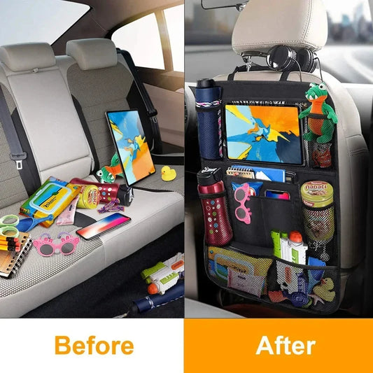 Multifunctional car seat organizer by Prime Deal Zone with multiple pockets and tablet holder, made of durable Oxford fabric for kids.