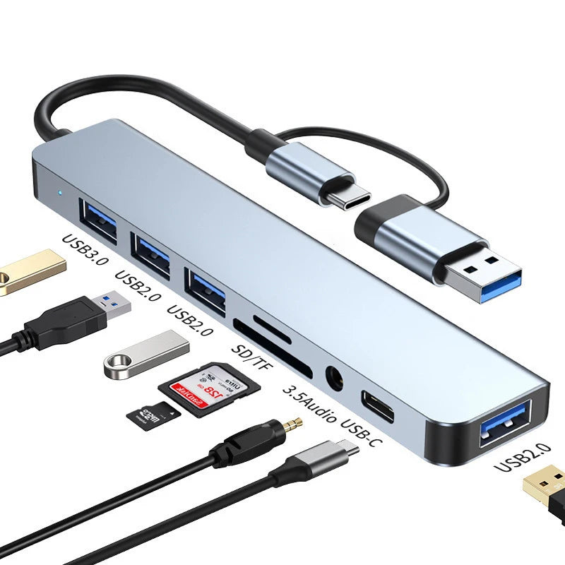 Prime Deal Zone 8-in-1 USB and Type C hub docking station with 3.5mm audio, SD card reader for laptops and tablets.