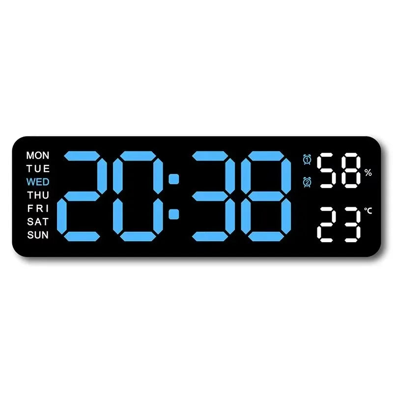 Large digital wall clock by Prime Deal Zone showing temperature, humidity, week display, with adjustable brightness and LED alarm features.