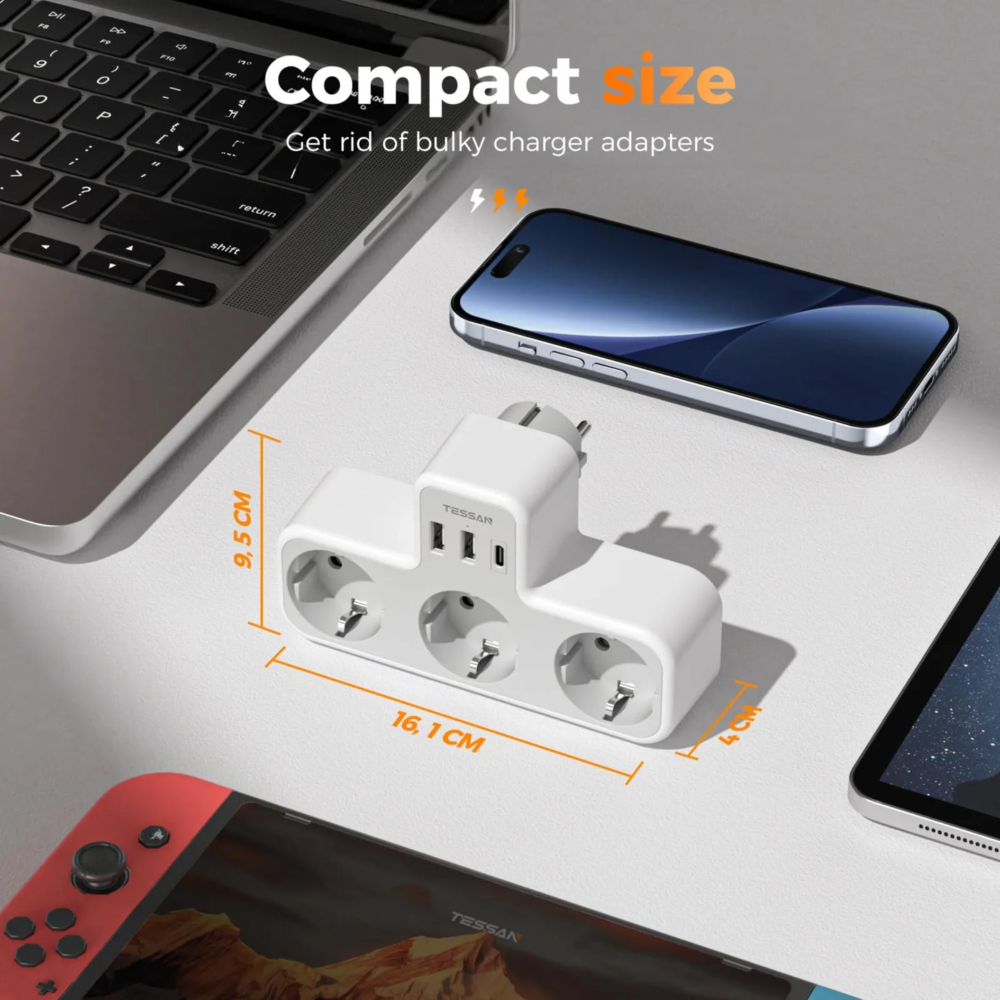 TESSAN EU Plug 6-in-1 Power Strip | 3 AC Outlets + 2 USB-A + 1 USB-C Wall Charger Adapter for Home & Office