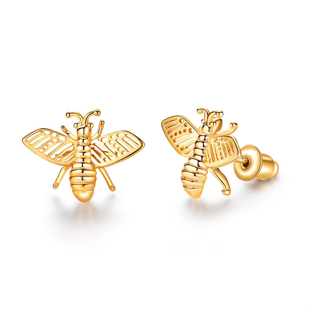 Crystal bee stud earrings worn close-up