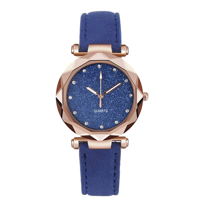 Women's Starry Sky Rhinestone Watch – Large Dial, Leather Strap, Quartz