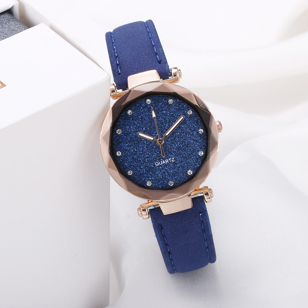 Women's Starry Sky Rhinestone Watch – Large Dial, Leather Strap, Quartz