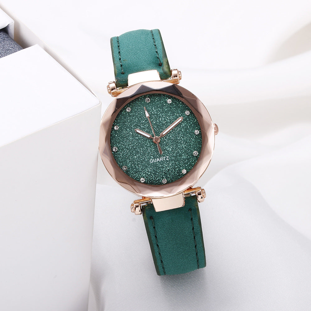 Women's Starry Sky Rhinestone Watch – Large Dial, Leather Strap, Quartz
