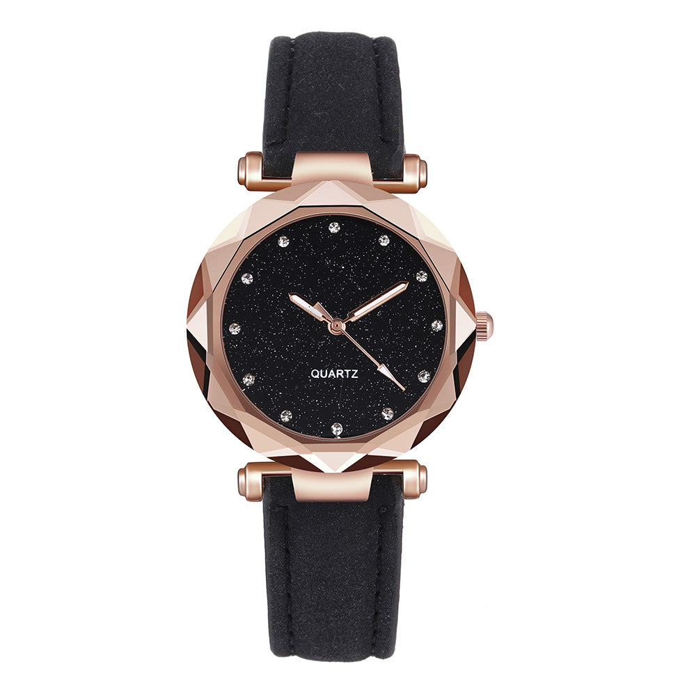 Women's Starry Sky Rhinestone Watch – Large Dial, Leather Strap, Quartz