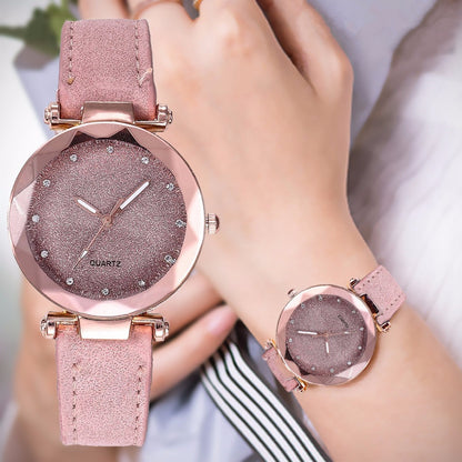 Women's Starry Sky Rhinestone Watch – Large Dial, Leather Strap, Quartz
