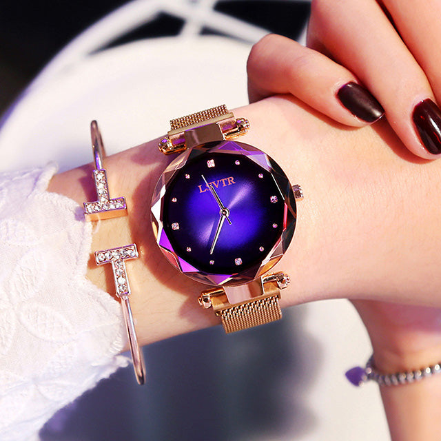 Women's Rose Gold Diamond Starry Sky Watch – Magnet Strap, Mineral Glass, 35mm
