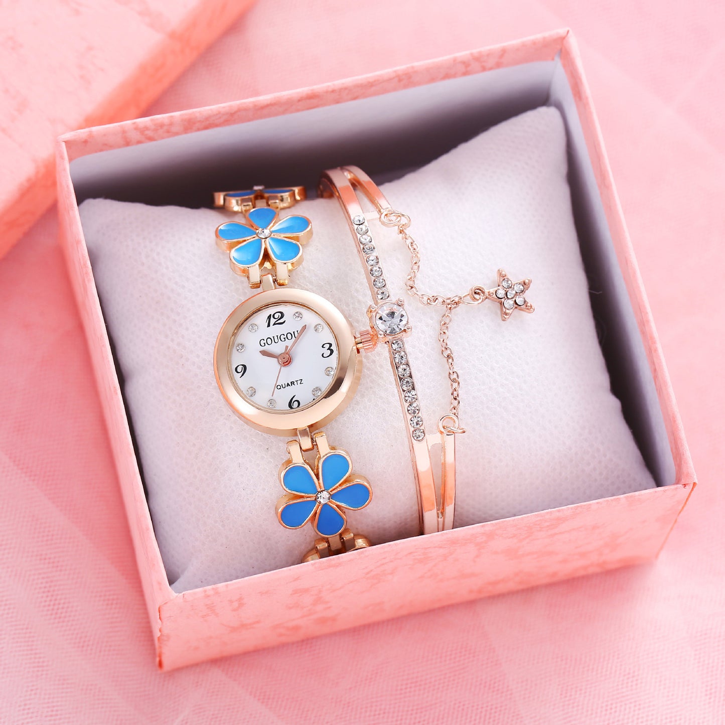 Women's Petal Quartz Watch & Bracelet Set – Alloy Bangle, Casual Style