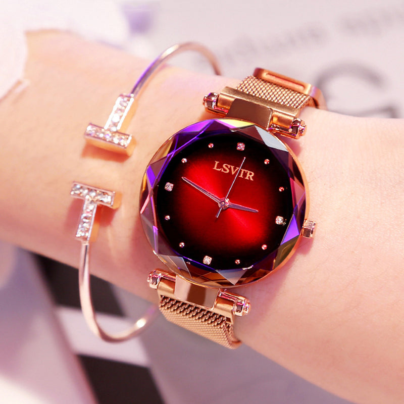 Women's Rose Gold Diamond Starry Sky Watch – Magnet Strap, Mineral Glass, 35mm