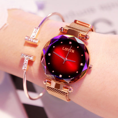 Women's Rose Gold Diamond Starry Sky Watch – Magnet Strap, Mineral Glass, 35mm