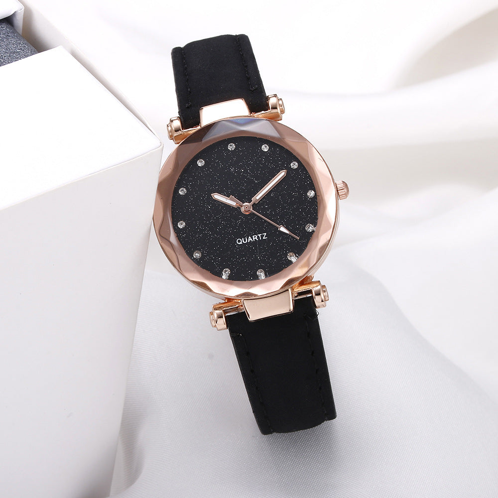 Women's Starry Sky Rhinestone Watch – Large Dial, Leather Strap, Quartz