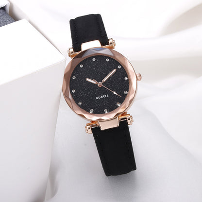 Women's Starry Sky Rhinestone Watch – Large Dial, Leather Strap, Quartz
