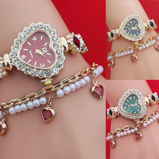 Women's Heart Bracelet & Watch Set – Diamond Quartz, Valentine's Gift