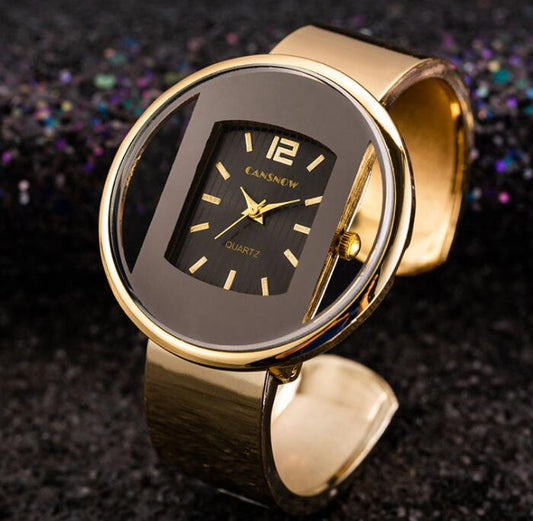 Women's Luxury Bracelet Cuff Watch – Gold & Silver Dial, Adjustable Bangle