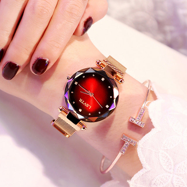 Women's Rose Gold Diamond Starry Sky Watch – Magnet Strap, Mineral Glass, 35mm