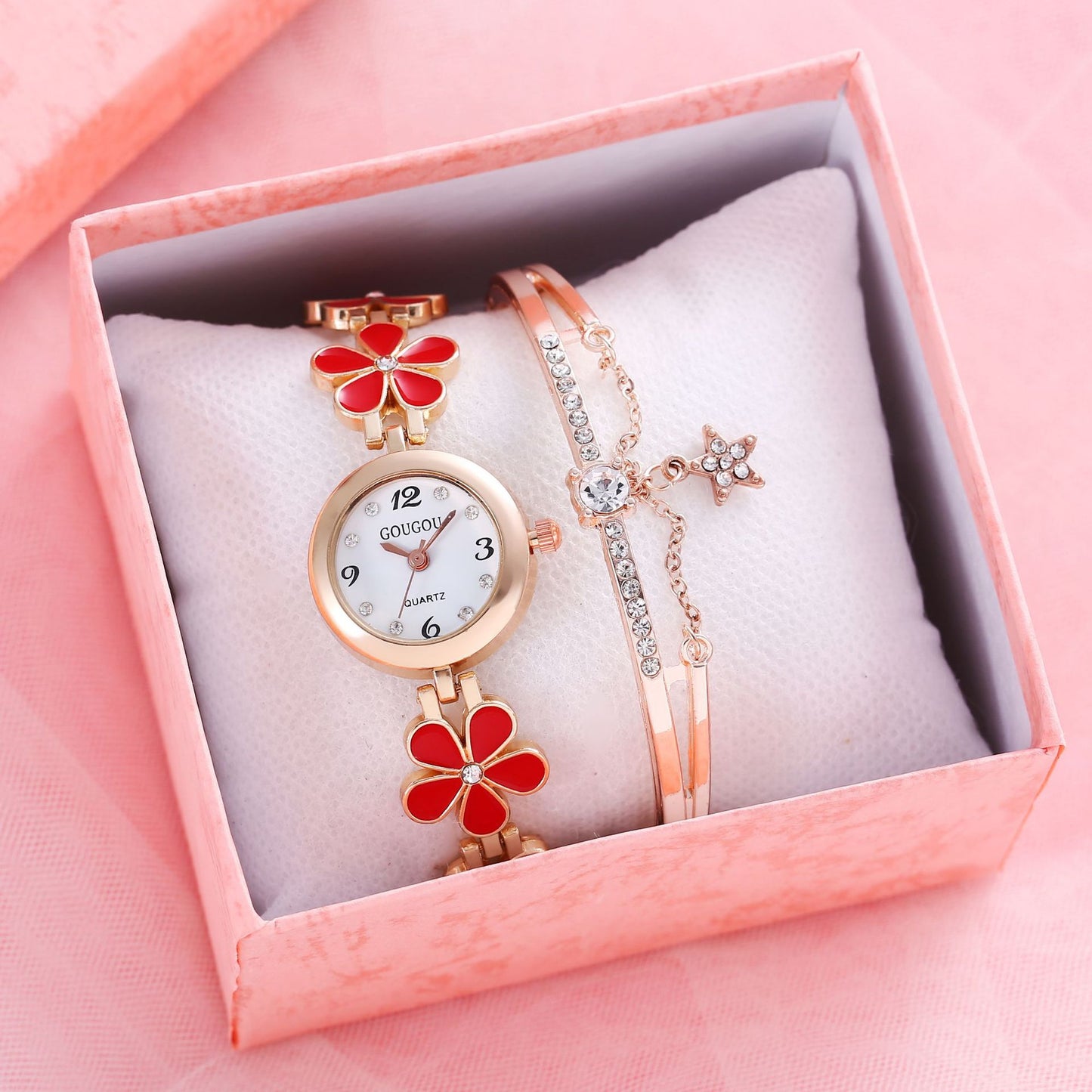 Women's Petal Quartz Watch & Bracelet Set – Alloy Bangle, Casual Style