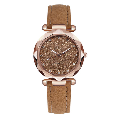 Women's Starry Sky Rhinestone Watch – Large Dial, Leather Strap, Quartz