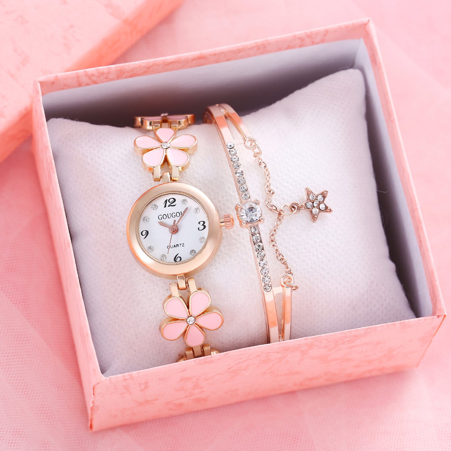 Women's Petal Quartz Watch & Bracelet Set – Alloy Bangle, Casual Style