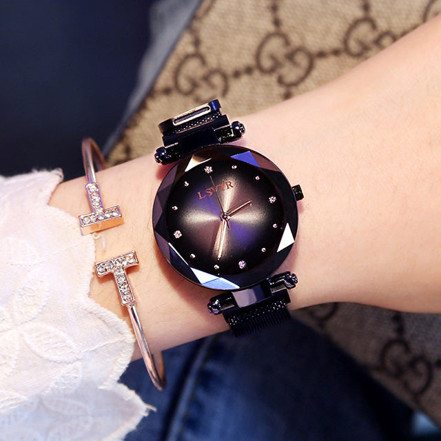 Women's Rose Gold Diamond Starry Sky Watch – Magnet Strap, Mineral Glass, 35mm