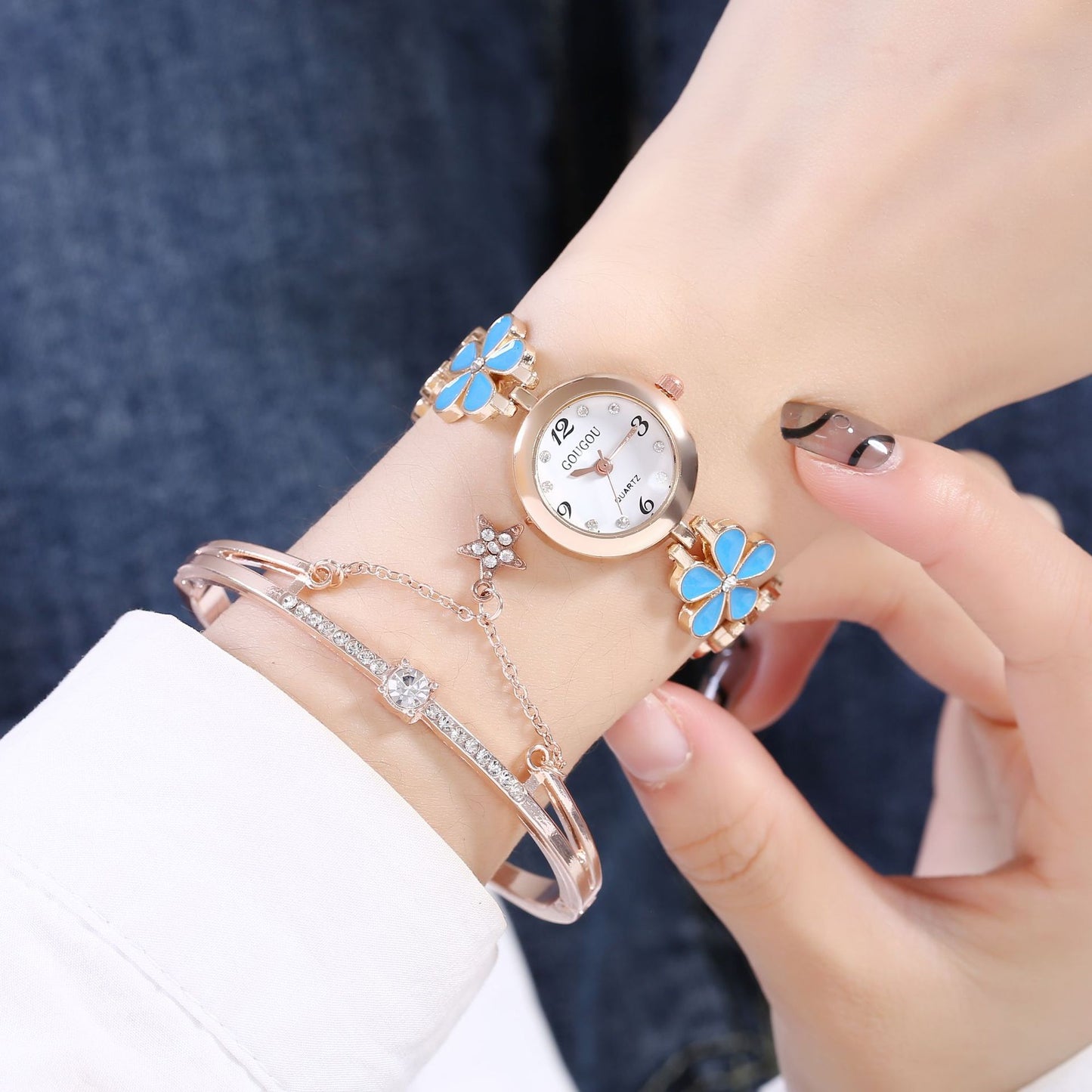 Women's Petal Quartz Watch & Bracelet Set – Alloy Bangle, Casual Style
