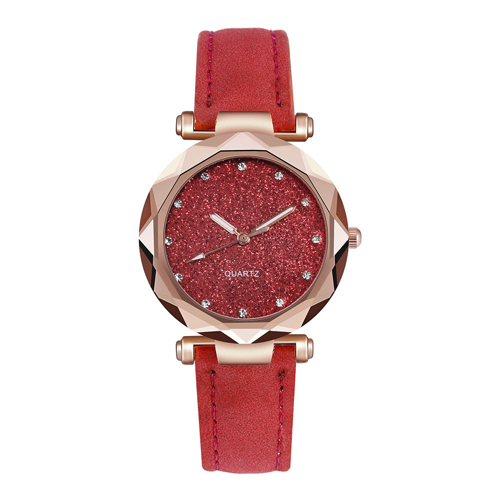 Women's Starry Sky Rhinestone Watch – Large Dial, Leather Strap, Quartz