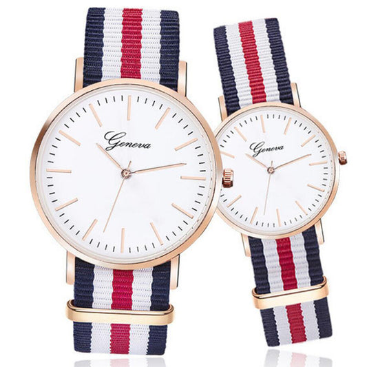 Korean Style Couple Quartz Watch – World Time, Nylon Braid Strap, 40mm & 36mm