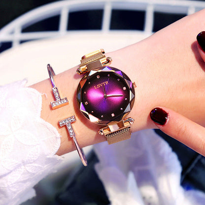 Women's Rose Gold Diamond Starry Sky Watch – Magnet Strap, Mineral Glass, 35mm