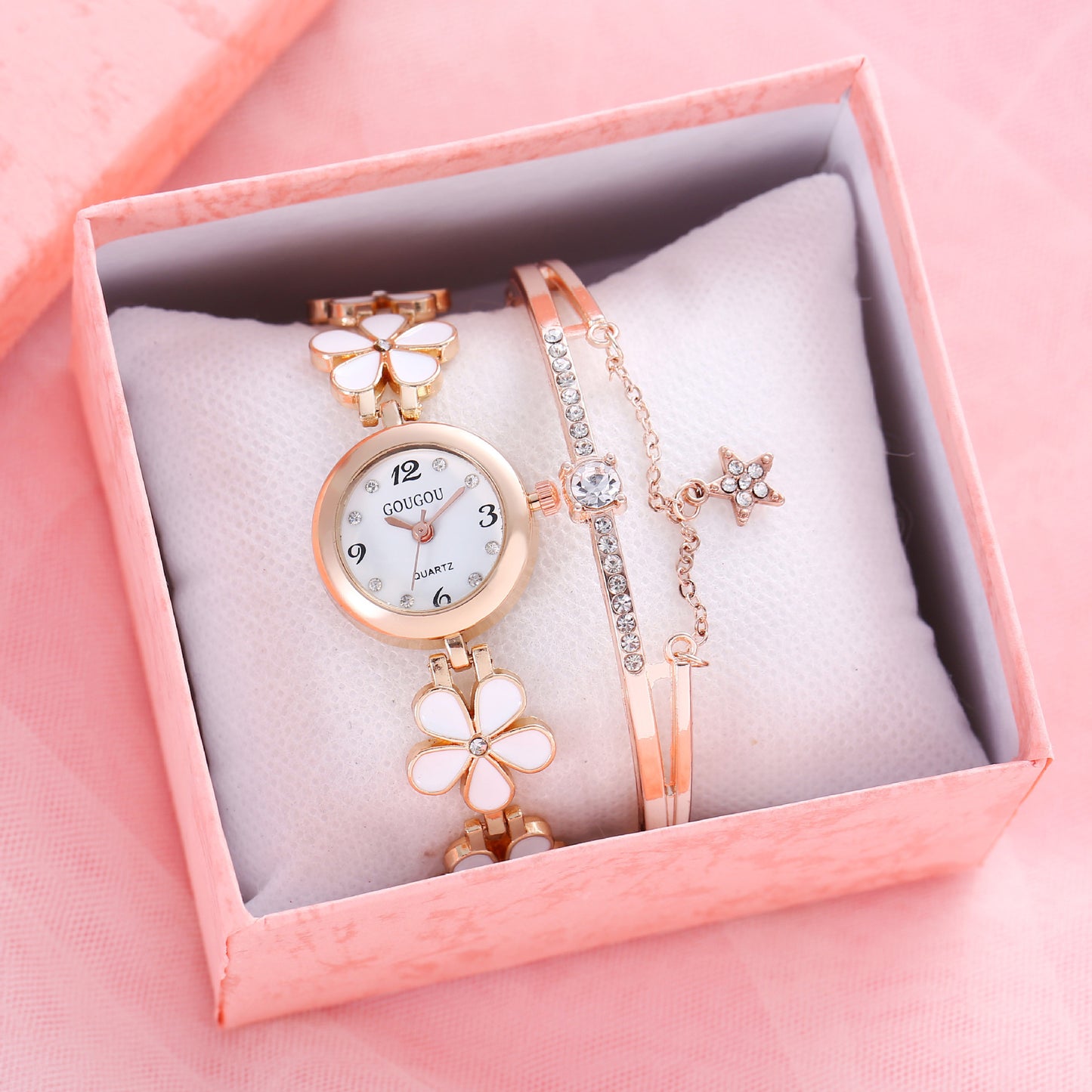 Women's Petal Quartz Watch & Bracelet Set – Alloy Bangle, Casual Style