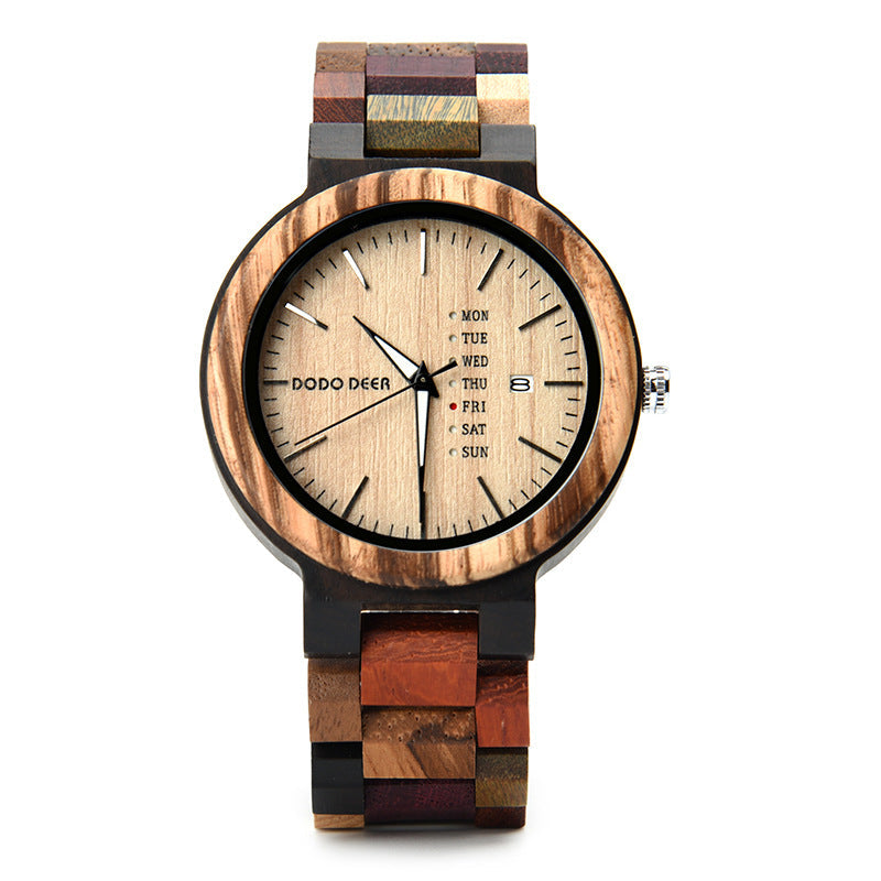 Wood couple watch, calendar display close-up