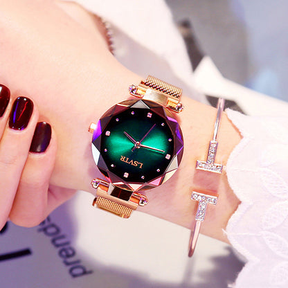 Women's Rose Gold Diamond Starry Sky Watch – Magnet Strap, Mineral Glass, 35mm