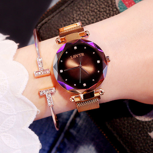 Women's Rose Gold Diamond Starry Sky Watch – Magnet Strap, Mineral Glass, 35mm