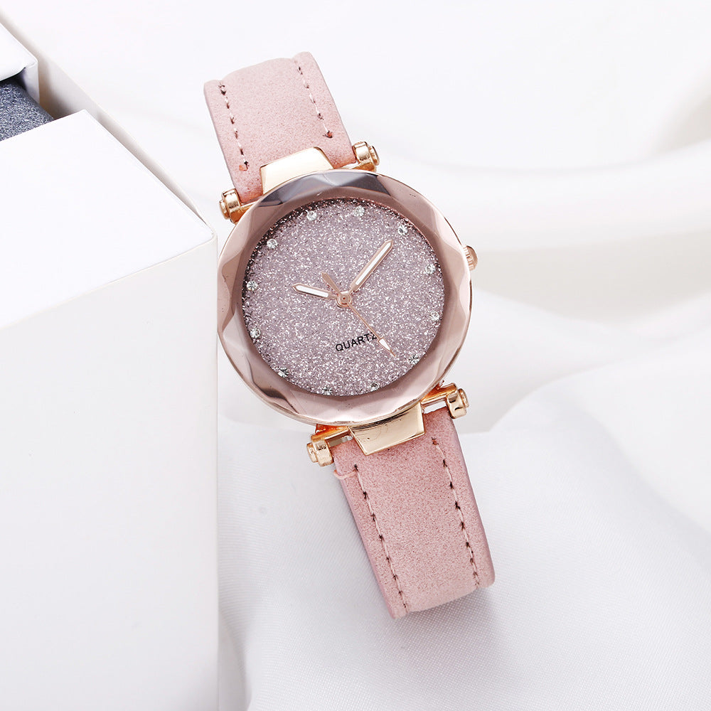Women's Starry Sky Rhinestone Watch – Large Dial, Leather Strap, Quartz