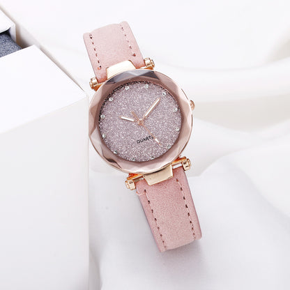 Women's Starry Sky Rhinestone Watch – Large Dial, Leather Strap, Quartz