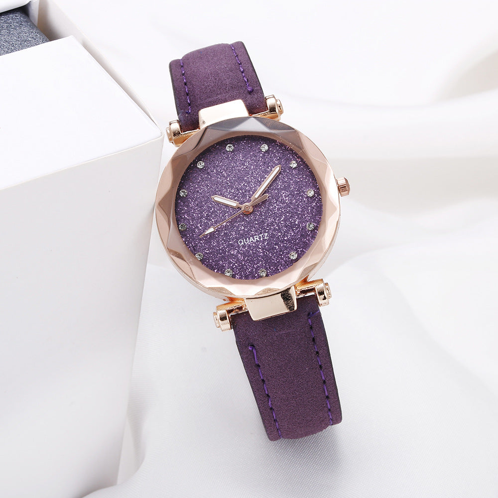 Women's Starry Sky Rhinestone Watch – Large Dial, Leather Strap, Quartz