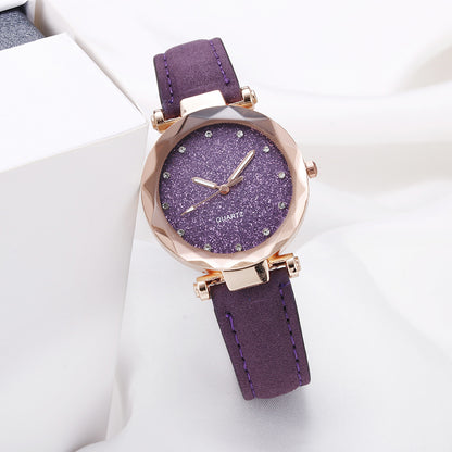 Women's Starry Sky Rhinestone Watch – Large Dial, Leather Strap, Quartz