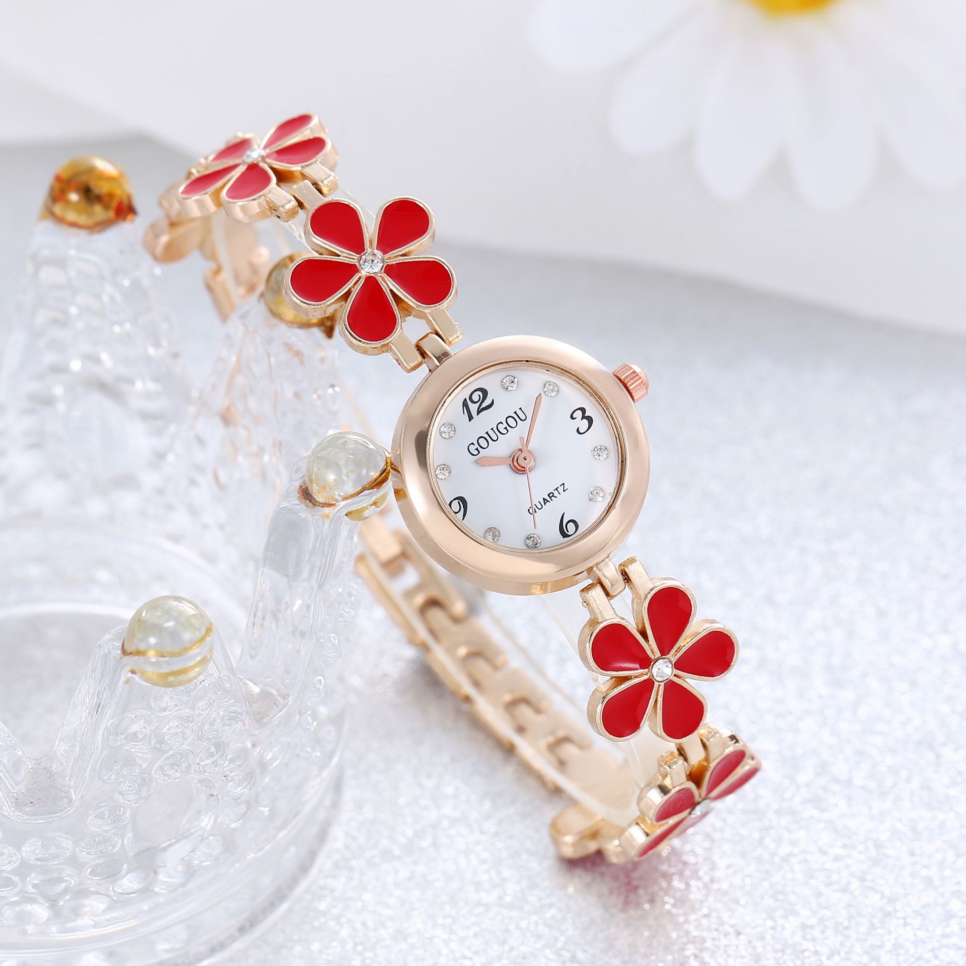 Petal watch and bracelet set, red colourway