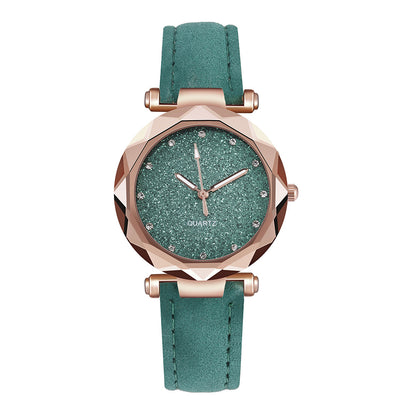 Women's Starry Sky Rhinestone Watch – Large Dial, Leather Strap, Quartz