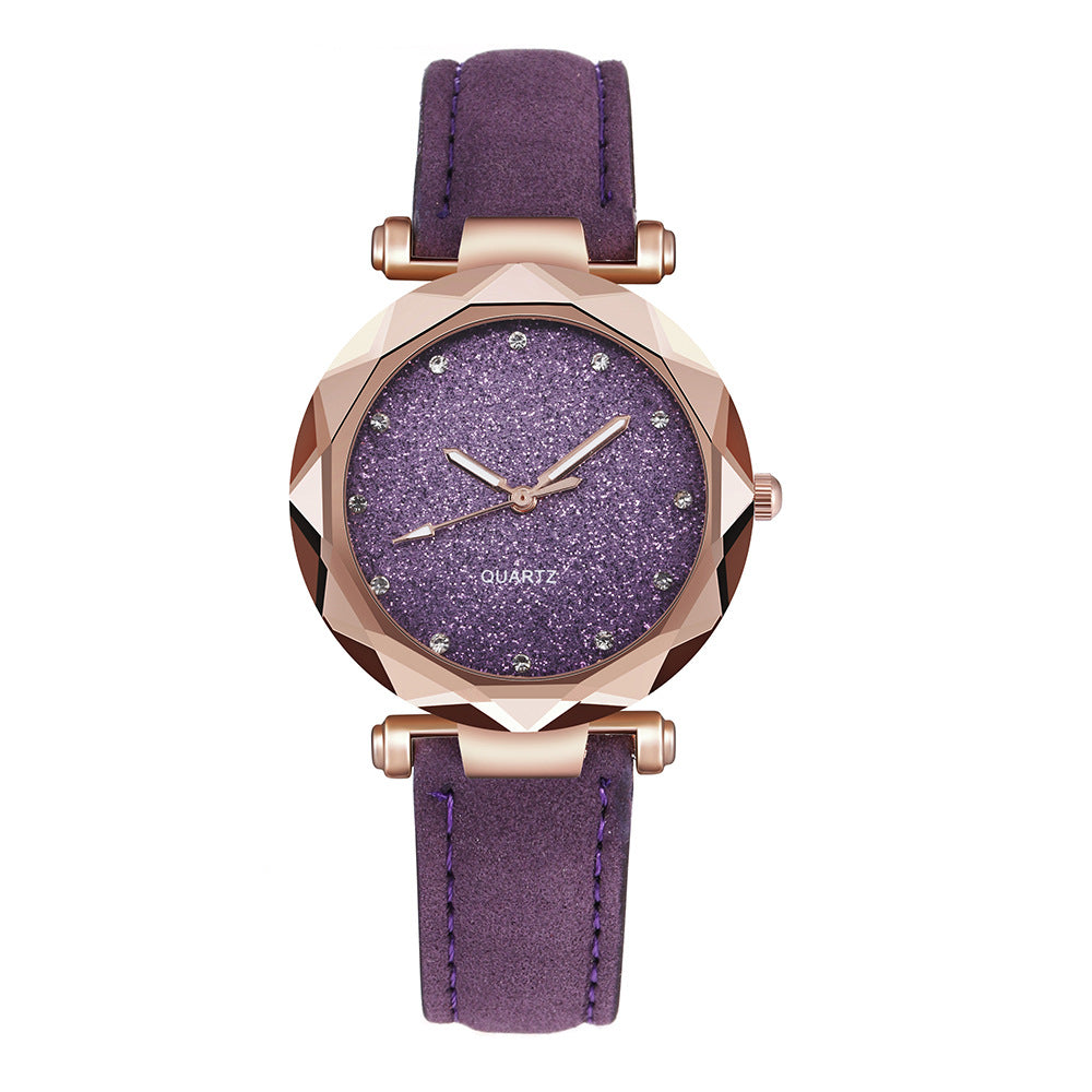 Women's Starry Sky Rhinestone Watch – Large Dial, Leather Strap, Quartz