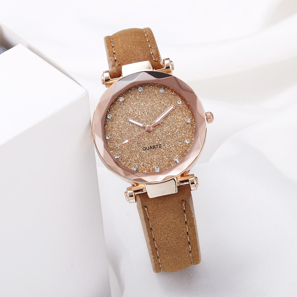 Women's Starry Sky Rhinestone Watch – Large Dial, Leather Strap, Quartz