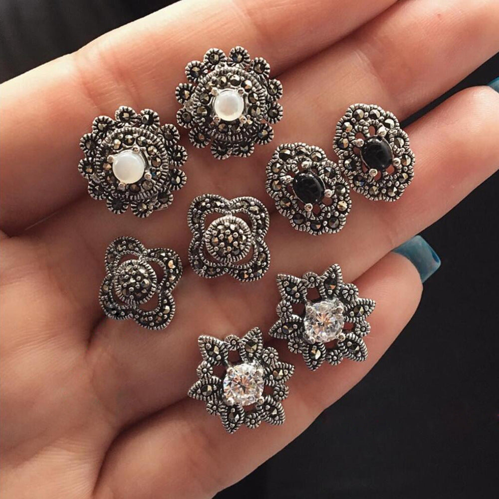 Retro diamond and flower earring set, 4 pairs, front view