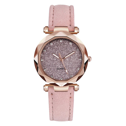 Women's Starry Sky Rhinestone Watch – Large Dial, Leather Strap, Quartz