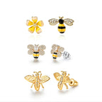 Korean crystal rhinestone bee stud earrings, front view