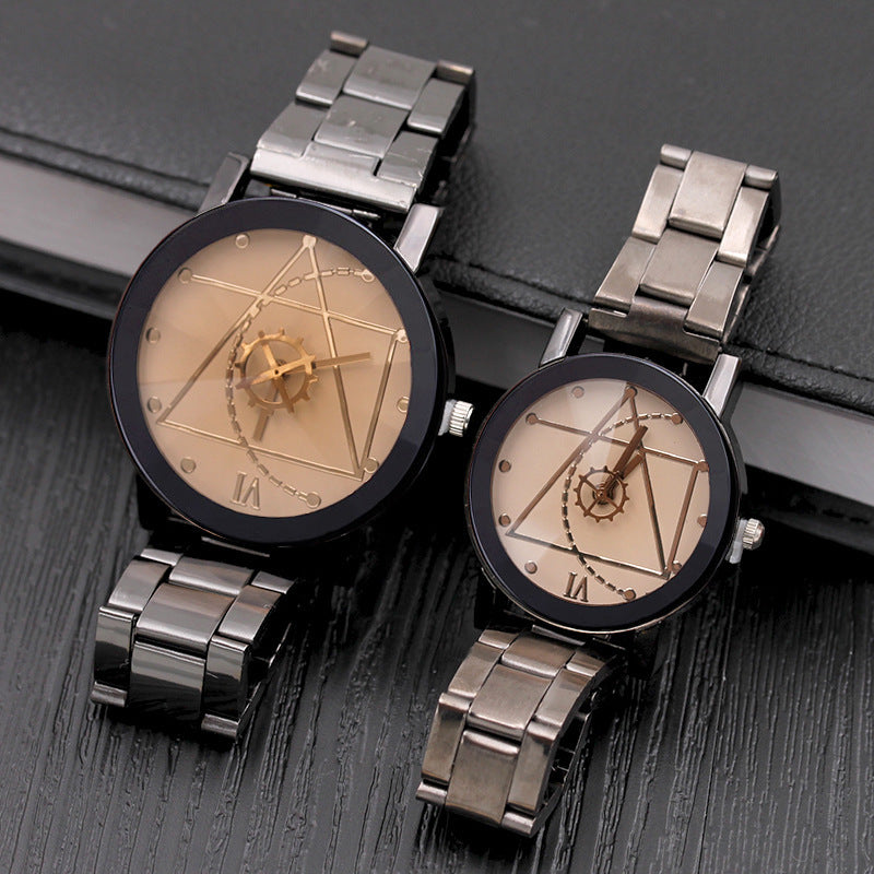 Gear compass couple watch set in stainless steel, front view