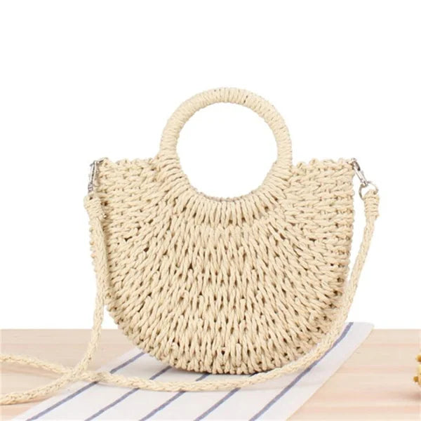 Handmade half-round rattan straw bag for women, Prime Deal Zone summer crossbody beach handbag with woven design.